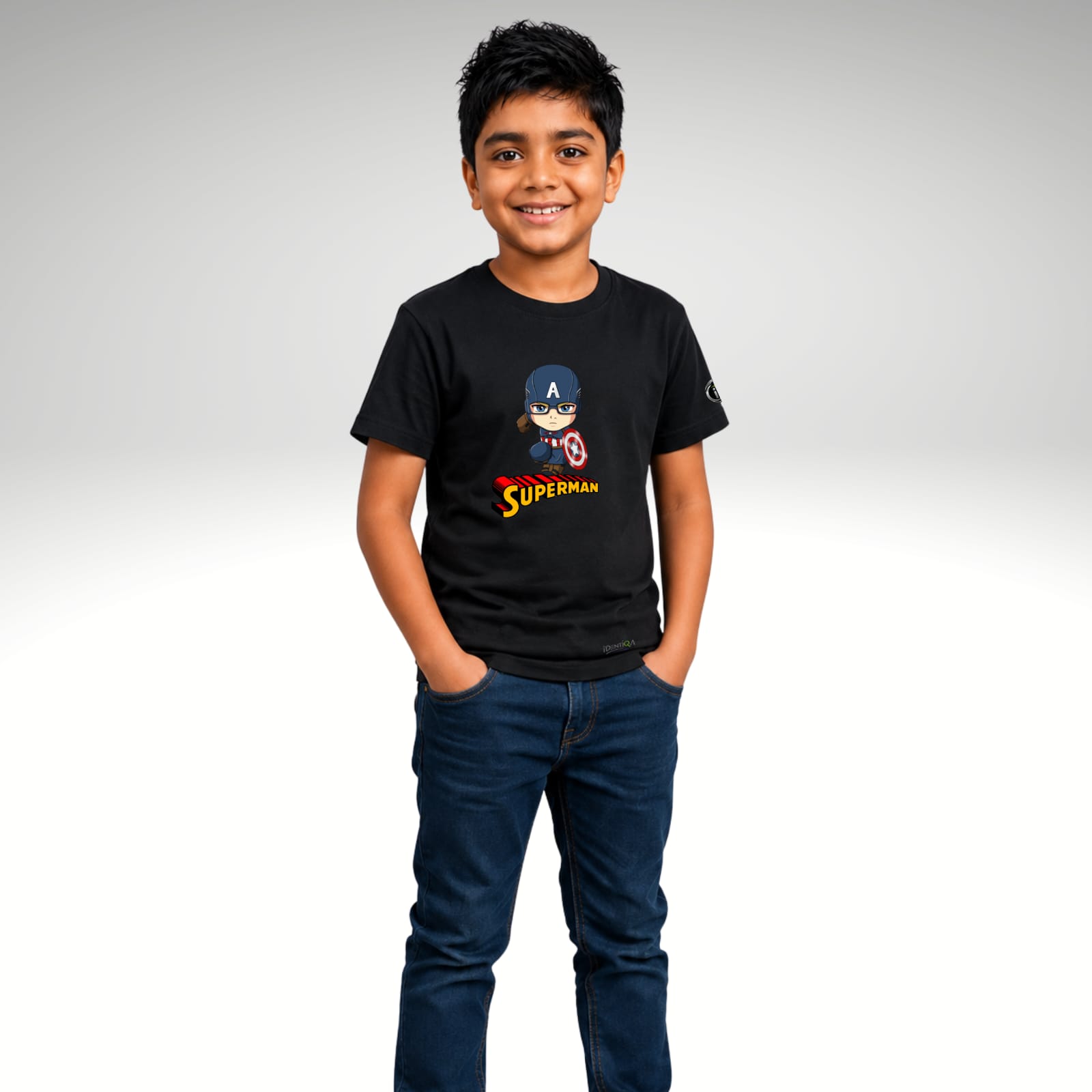 Kids Black Superhero Graphic Cotton T-Shirt- Captain America